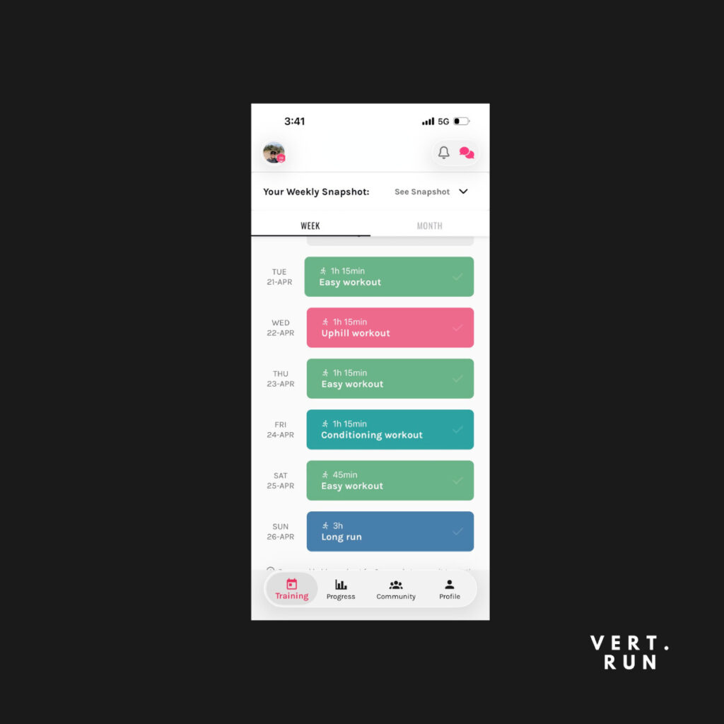 100k training plan weekly view in Vert.run app